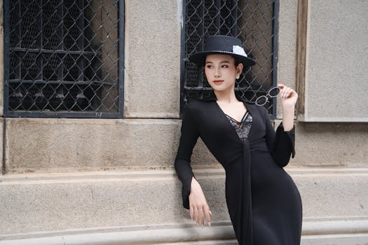 Elegant woman in black dress and hat poses against a textured urban backdrop.